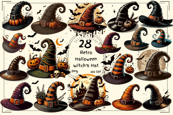 28 Retro Halloween Witch's Hat Clipart for Vintage Design