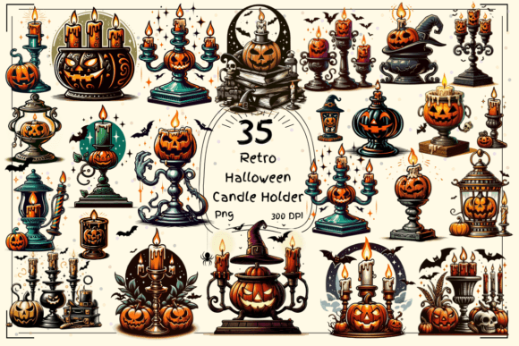 35 Retro Halloween Candle Holder Clipart: Vintage Charm for Your Designs