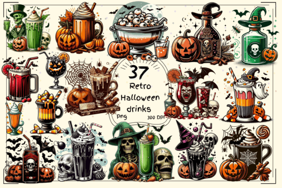 37 Retro Halloween Drinks Clipart: Vintage Beverage Designs