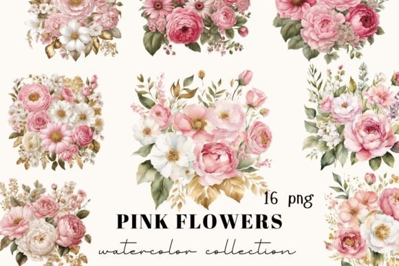 Enchanting Pink Gold Flowers Watercolor Clipart Collection